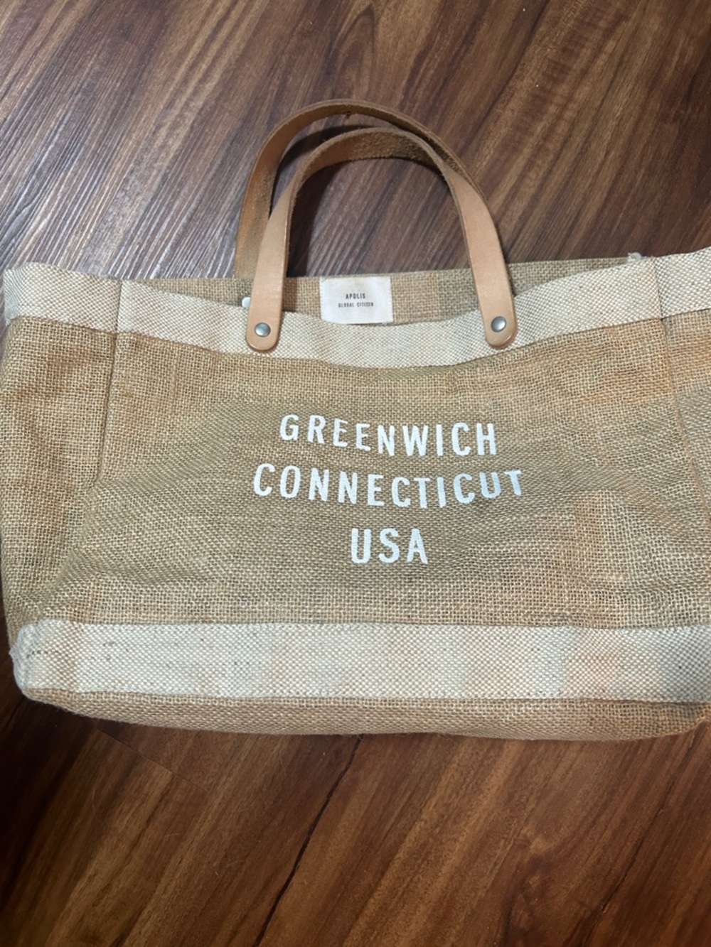 Greenwich Connecticut USA Jute Tote with Leather Handles